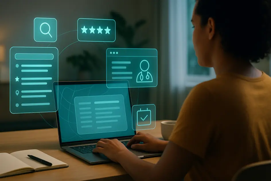 Site para Nutricionista: Guia Completo para Aumentar Agendamentos e Construir Autoridade no Digital - Renoma Digital Paciente analisando resultados de busca e navegando em um site de nutricionista, representando a jornada digital desde o Google até o agendamento.