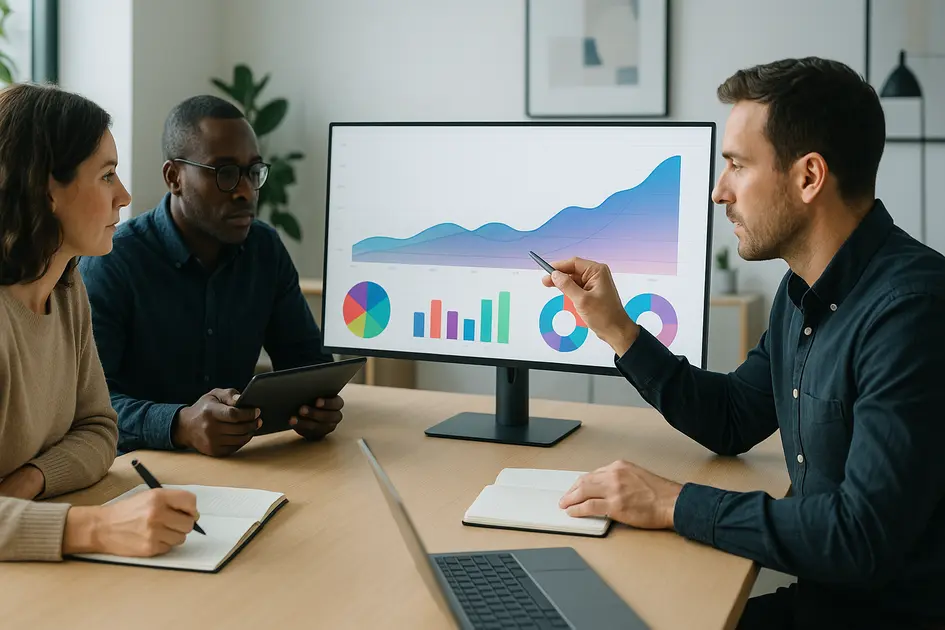 Rebranding Digital: Quando e Como Atualizar o Site da Sua Empresa - Renoma Digital Profissionais analisando gráficos coloridos em telas durante reunião de performance, representando o impacto do rebranding digital em SEO, UX e conversões