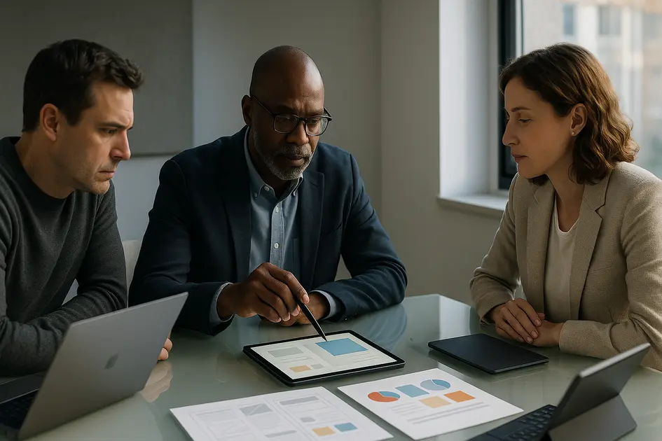 Rebranding Digital: Quando e Como Atualizar o Site da Sua Empresa - Renoma Digital Profissionais em reunião analisando layouts e cores, simbolizando o início do processo de rebranding digital sem texto visível na imagem