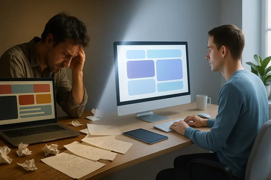 Rebranding Digital: Quando e Como Atualizar o Site da Sua Empresa - Renoma Digital Cenário dividido entre um ambiente bagunçado e outro moderno, simbolizando erros e correções durante o processo de rebranding digital, sem texto visível