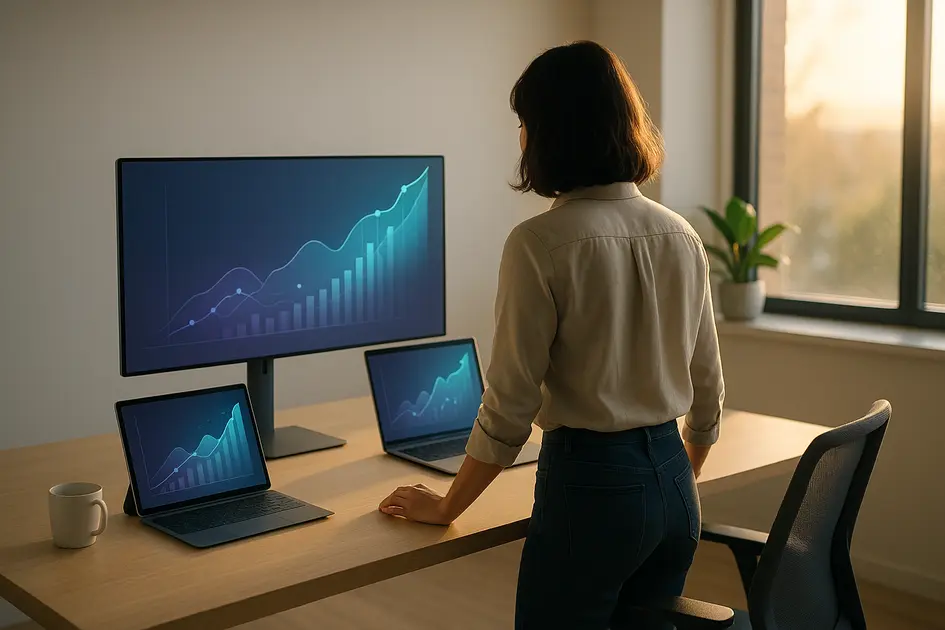 Rebranding Digital: Quando e Como Atualizar o Site da Sua Empresa - Renoma Digital Profissional vista de costas analisando telas com gráficos ascendentes em ambiente iluminado, simbolizando crescimento e monitoramento contínuo após o rebranding digital, sem texto visível