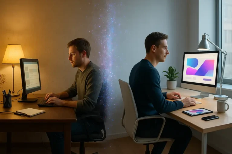 Escritório dividido em duas metades, uma antiga e outra moderna, representando visualmente o processo de rebranding digital sem texto na imagem