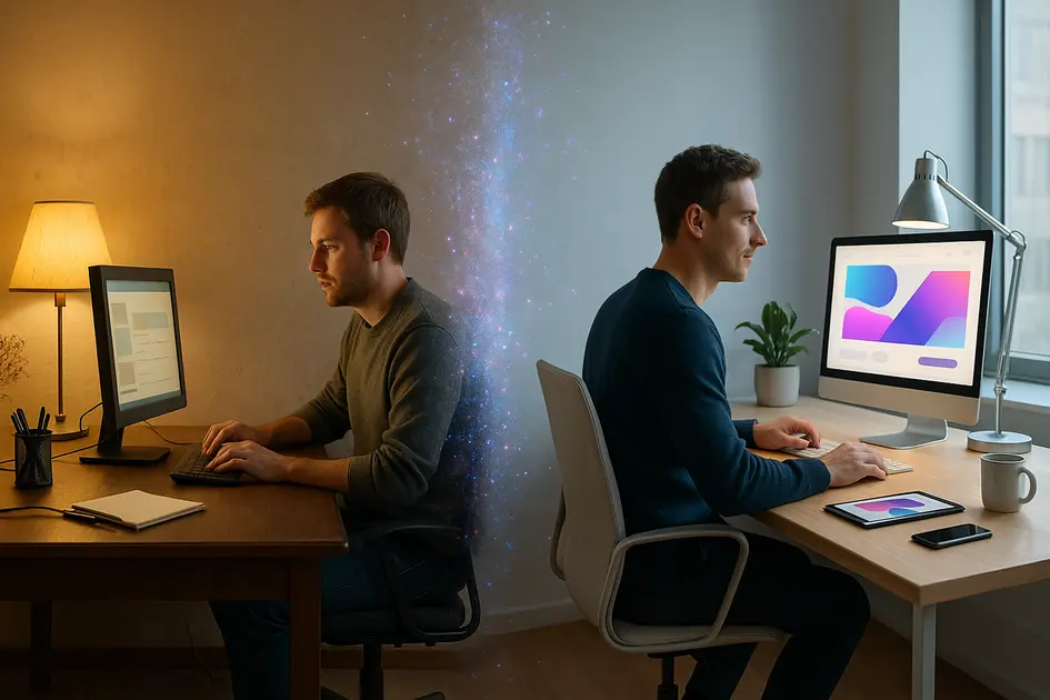 Escritório dividido em duas metades, uma antiga e outra moderna, representando visualmente o processo de rebranding digital sem texto na imagem