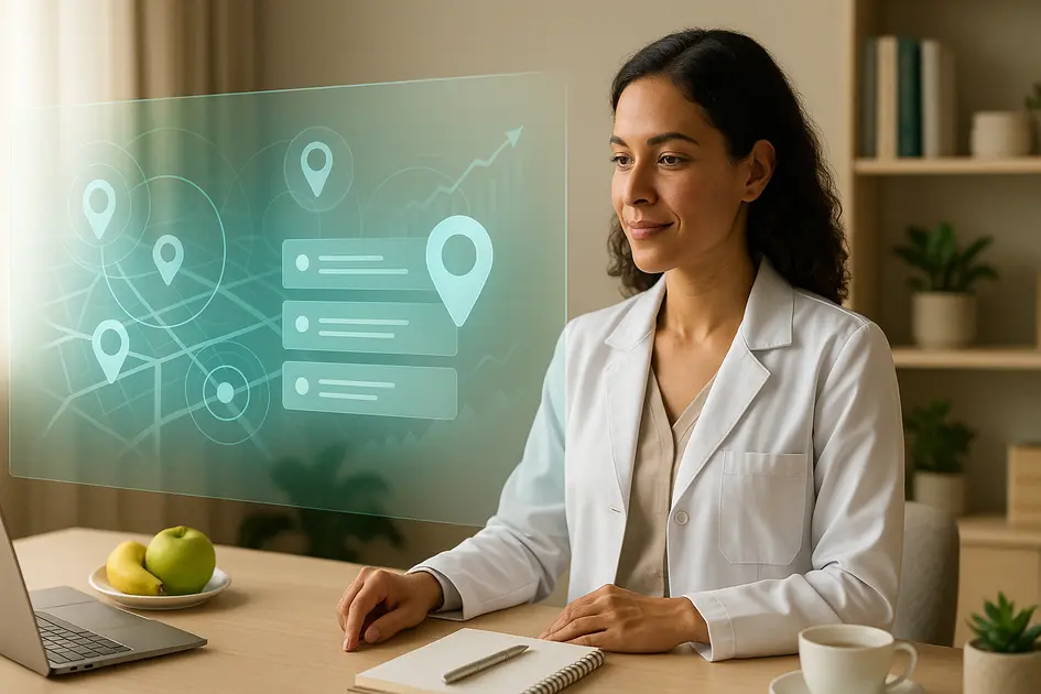 Site para Nutricionista: Guia Completo para Aumentar Agendamentos e Construir Autoridade no Digital - Renoma Digital Nutricionista analisando projeções de SEO local e mapa de buscas no Google, visualizando marcadores de localização que representam pacientes que procuram “nutricionista perto de mim”.