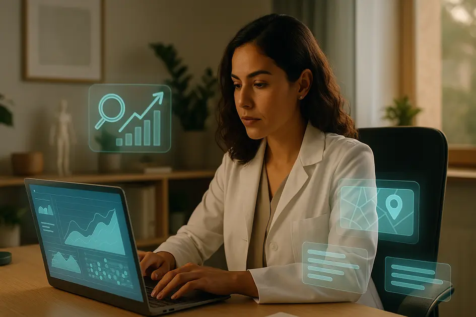 Site para Nutricionista: Guia Completo para Aumentar Agendamentos e Construir Autoridade no Digital - Renoma Digital Nutricionista analisando relatórios de SEO de um site para nutricionista no notebook, acompanhando gráficos de crescimento no Google em um consultório moderno.