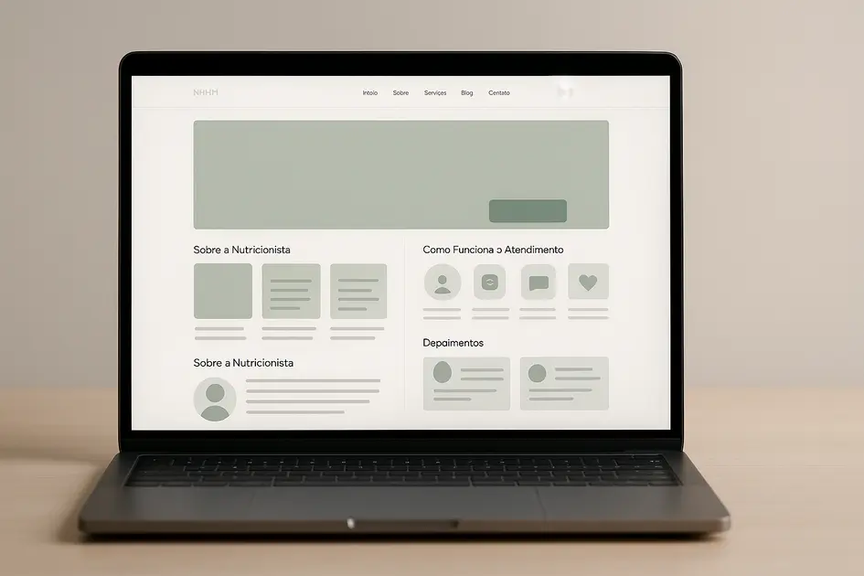 Site para Nutricionista: Guia Completo para Aumentar Agendamentos e Construir Autoridade no Digital - Renoma Digital Tela de notebook exibindo estrutura completa de um site para nutricionista, com layout profissional e seções organizadas.
