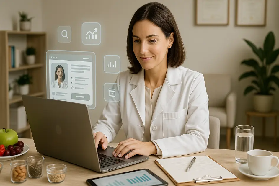 Nutricionista em consultório moderno usando notebook para gerenciar um site para nutricionista com foco em agendamentos e presença digital profissional.
