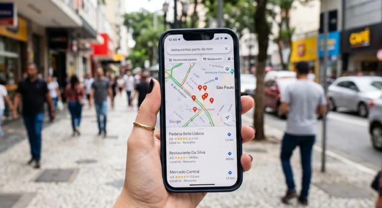 empresa não aparece no Google Maps — celular com resultados de busca local
