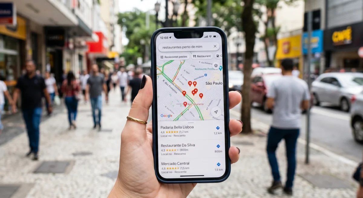 empresa não aparece no Google Maps — celular com resultados de busca local